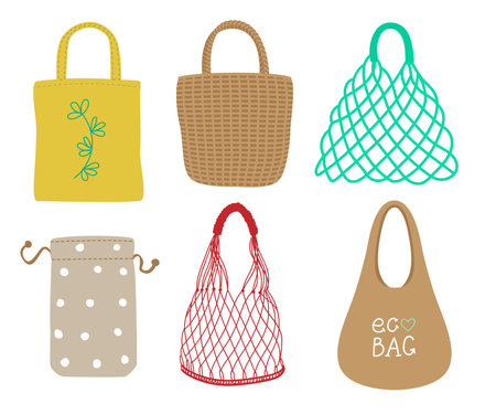 Different types of eco bags vector illustrations set. Drawings of reusable zero waste bags: tote, kit, cotton and net bags isolated on white background. Environment, ecology, recycling conceptのイラスト素材