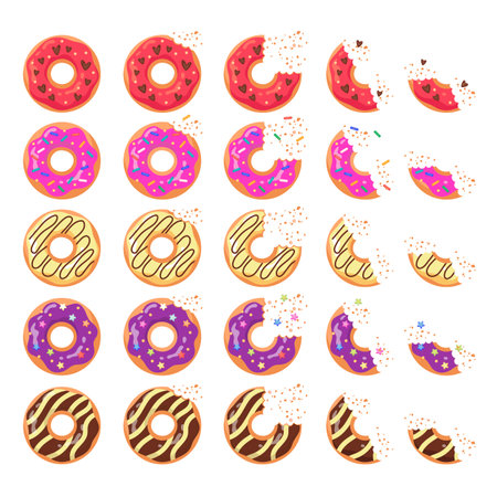 Cute donuts with different icing flat vector illustrations set. Top view of strawberry and chocolate doughnuts, whole and eaten soft dough snacks on white background. Food, bakery or cake shop conceptのイラスト素材