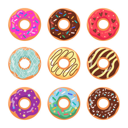 Glazed doughnuts flat vector illustrations set. Trendy donuts pattern, sweet circle orange cakes from dough with chocolate cream isolated on white background. Food, bakery, desserts, pastry conceptのイラスト素材