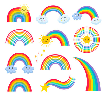 Different shapes of rainbow vector illustrations set. Cute cloud and sun cartoon characters, stars, childish stickers, patches or badges isolated on white background. Weather, nature, summer conceptのイラスト素材