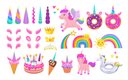 Cute trendy unicorn cartoon character vector illustrations set. Collection of horns, ears, crowns, rainbows, pink magical horse with hair on white background. Birthday, magic, imagination conceptのイラスト素材