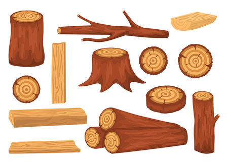 Stack of trees with branches, wooden planks, stumps and timber materials. Wood logs and trunks cartoon vector illustration set. Icons of forest stuff for construction. Forestry, lumber conceptのイラスト素材