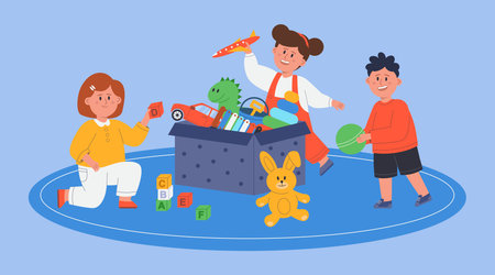Preschool children with box of toys including car, ball, plane, dinosaur at play in room. Cartoon kids or young students playing with friends in classroom flat vector illustration. Playtime conceptのイラスト素材