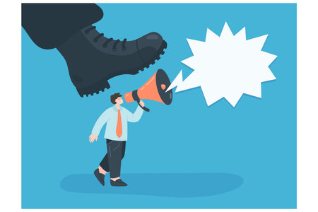Giant shoe of soldier stepping on business person with megaphone. Big military boot crushing freedom of speech of man flat vector illustration. Censorship, authority concept for banner, website designのイラスト素材