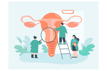 Vaginal examination of uterus by tiny gynecologists. People with magnifier in search of endometrium problems flat vector illustration. Reproductive system, endometriosis awareness month conceptのイラスト素材