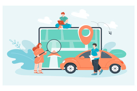 Tiny customers using mobile application for travel route. People looking for direction on map...