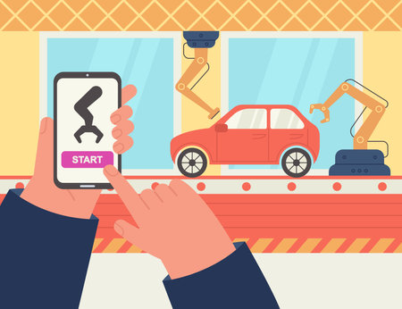 Hands of production operator controlling process via smartphone. Engineer using app for wireless management of car manufacturing flat vector illustration. Technology, automobile industry conceptのイラスト素材