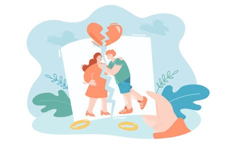 Hand of child holding torn photo of cartoon family. Married couple with problems at home, broken heart and rings flat vector illustration. Family, divorce, breakup concept for banner, website designのイラスト素材
