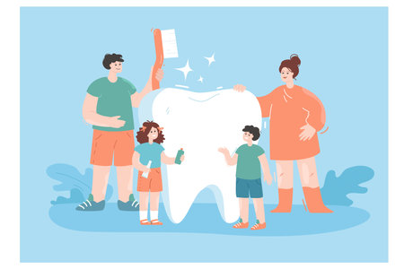 Happy cartoon family standing next to big molar tooth. People brushing and pointing at healthy tooth flat vector illustration. Dental hygiene or clinic, health concept for banner or website designのイラスト素材