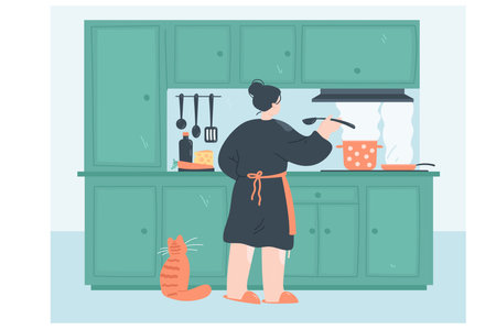 Cartoon woman in apron preparing food at stove in kitchen. Cat watching girl making lunch flat vector illustration. Food, cooking, healthy eating concept for banner, website design or landing web pageのイラスト素材