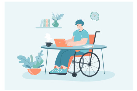 Male invalid in wheelchair working from home. Disabled man using computer for remote work, cozy workplace flat vector illustration. Accessibility, freelance concept for website design or landing pageのイラスト素材
