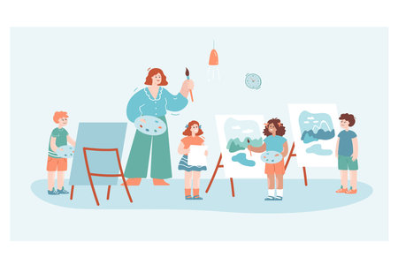 Group of kids drawing landscapes with teacher in art class. Children behind easels having painting lesson flat vector illustration. Art school, education concept for website design or landing web pageのイラスト素材