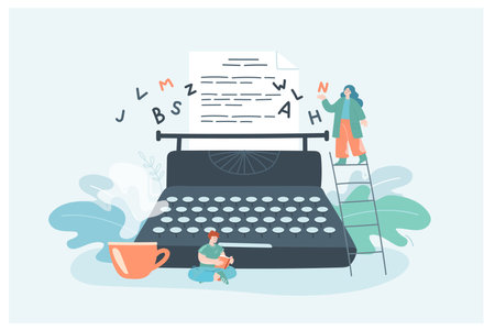 Creative tiny female author with typewriter writing novel. Woman writing story chapter, man reading book flat vector illustration. Literature, poetry, imagination concept for banner or website designのイラスト素材