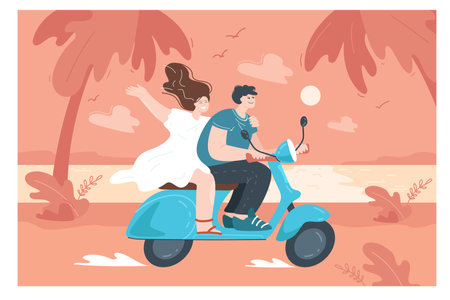 Happy cartoon boyfriend and girlfriend going on trip by moped. Young man and woman on scooter or motorbike, holiday at sea flat vector illustration. Romance, summer concept for banner, website designのイラスト素材
