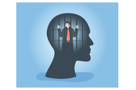 Prison with powerless business person inside human head or brain. Businessman with narrow mind or no freedom of thought flat vector illustration. Censorship, slavery, depression, creativity conceptのイラスト素材