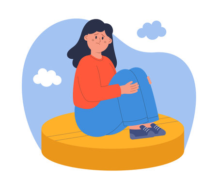 Sad cartoon girl sitting on giant pill or antidepressant. Depressed woman taking hormonal drugs against anxiety flat vector illustration. Depression, medication concept for banner or landing web pageのイラスト素材