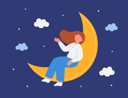 Happy calm cartoon girl sleeping on moon on blue background. Deep sleep or REM, female person dreaming or relaxing at night flat vector illustration. Relaxation, health concept for bannerのイラスト素材