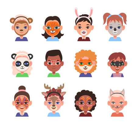 Portraits of kids with face makeup vector illustrations set. Children with creative face painting or masks, animals and heroes isolated on white background. Party, entertainment, creativity conceptのイラスト素材