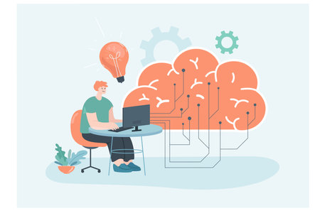 Programmer working with digital brain and computer, learning AI. Tiny man connecting to cloud circuit with data flat vector illustration. Artificial Intelligence, education, smart technology conceptのイラスト素材