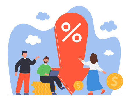 Tiny male and female characters standing near arrow down showing percentage decrease. Financial reduction flat vector illustration. Low rate, special offer, loan, discount price conceptのイラスト素材