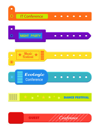 Colorful events bracelets for entrance cartoon vector illustration set. IT conference, night party, music festival, ecologic conference, dance festival, concert bracelets of different shape and colorのイラスト素材