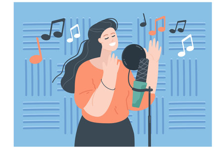 Cheerful girl singing at microphone flat vector illustration. Happy female cartoon character or professional vocalist recording song in sound studio, enjoying hobby. Music, art conceptのイラスト素材
