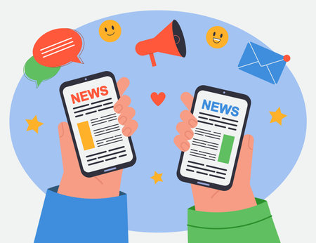 Person holding phone with news on it flat vector illustration. Man reading journalists blog, online newspaper on smartphone, getting new information from news website. Newsletter, social media conceptのイラスト素材