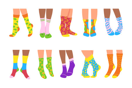 Pairs of female legs in warm socks vector illustrations set. Doodles of feet of girls in trendy stockings or underwear isolated on white background. Fashion, clothes, footwear, accessories conceptのイラスト素材