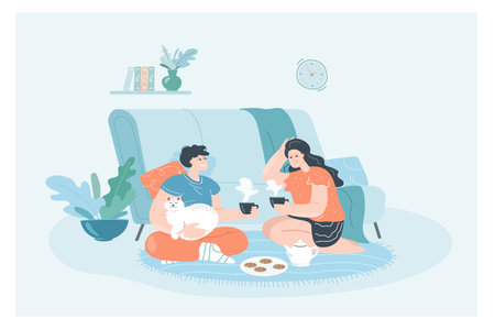 Romantic talk of couple in comfortable home apartment. Man, woman and cat sitting on floor together in hygge interior, people drinking coffee or tea with cookies flat vector illustration. Love conceptのイラスト素材