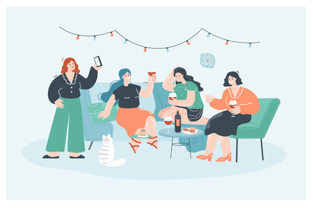 Group of happy girlfriends gathering on home party. Cheerful young female friends sitting on sofa, talking, celebrating and drinking wine flat vector illustration. Celebration, friendship conceptのイラスト素材