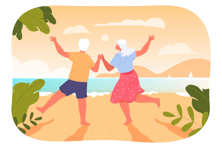 Active old couple dancing on beach together. Senior man and woman having fun near lake or sea flat vector illustration. Summer, happiness, old age concept for banner, website design or landing pageのイラスト素材