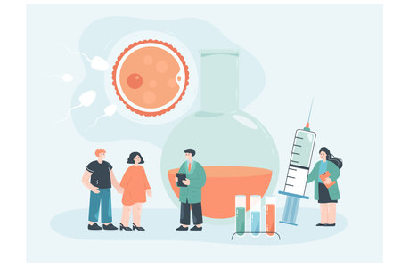 Artificial insemination, infertility treatment of couple people. Tiny husband and wife on fertilization procedure in medical clinic flat vector illustration. Pregnancy, gynecology, IVF conceptのイラスト素材