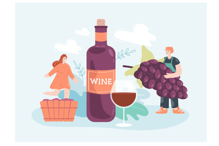 Organic red wine production by tiny winemakers. Man holding bunch of natural grapes, woman making drink in wooden barrel near wine bottle and glass flat vector illustration. Alcohol, winery conceptのイラスト素材