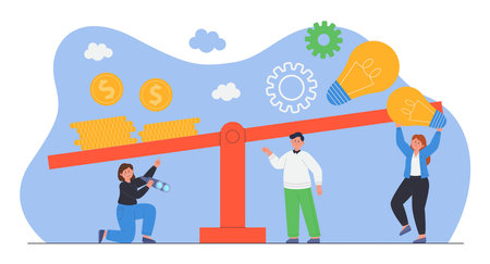 Tiny people measuring money and light bulbs on scales. Characters comparing financial profit and innovation, looking for target, evaluating value of idea flat vector illustration. Research conceptのイラスト素材