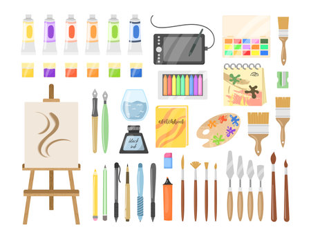 Different art supplies vector illustrations set. Tools and equipment for painting and drawing: paint tubes, brushes, pencils, watercolor isolated on white background. Art, craft, creativity conceptのイラスト素材