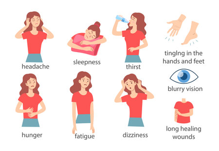 Woman with different types of pain cartoon illustration set. Girl feeling fatigue, hunger, thirst, dizziness. Person having blurry vision and long healing wounds. Symptoms of disease, health conceptのイラスト素材