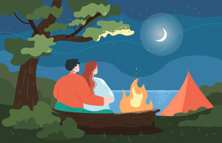 Couple sitting by river, looking at moon at night flat vector illustration. Girl and boy hugging, sitting on cliff near bonfire, looking at starry sky, enjoying time together. Romantic date conceptのイラスト素材