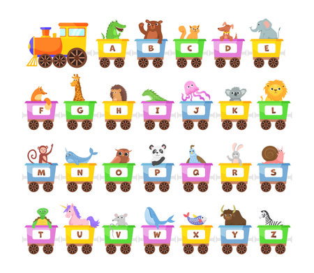 Cute animals in colorful alphabet train set. Vector illustrations of learning toys for preschool children. Cartoon animals sitting in transport with letters isolated on white. Education conceptのイラスト素材