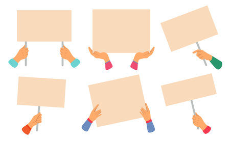 Hands holding blank placards set. Vector illustrations of activists with empty paper banners. Cartoon group of people showing posters on demonstration isolated on white. Protest, activism conceptのイラスト素材