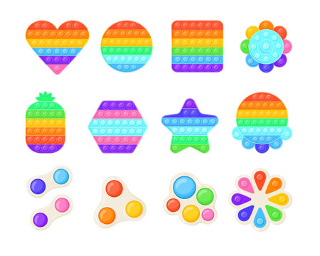 Colorful pop it and simple dimple toy vector illustrations set. Popular sensory fidget toys of different shapes, rainbow colored antistress gadgets, games for kids. Toys, relaxation, anxiety conceptのイラスト素材