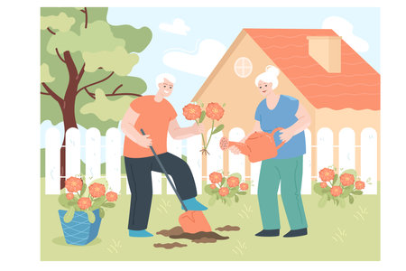 Old grandparents planting flowers in home garden. Healthy leisure and work of elderly people, senior man holding shovel, woman with watering can flat vector illustration. Horticulture, farm conceptのイラスト素材
