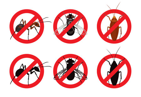 Stop sign against insects set. Vector illustrations of warning symbols with pest silhouettes. Cartoon fly, ant, cockroach inside crossed red circle isolated on white. Sanitation, insecticide conceptのイラスト素材