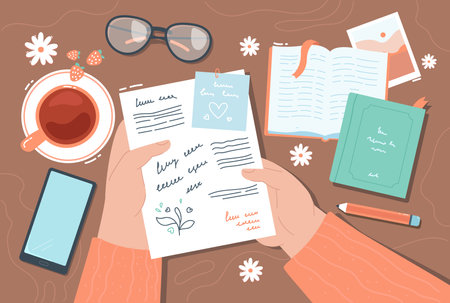 Person writing letter on desk flat vector illustration. Man holding paper or notebook sheet with handwritten text, sending postcard, writing note for yourself in future. Correspondence conceptのイラスト素材