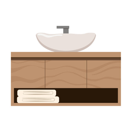 washbasin stand, furniture for home bathroom. Vector illustration of decoration and toilet equipment. Cartoon washbasin isolated on whiteのイラスト素材