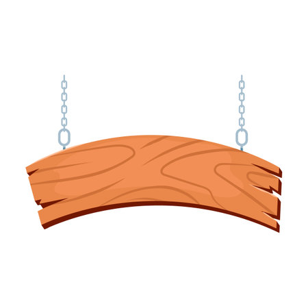 Hanging wooden banner vector illustration. Bank signboard made of wood on ropes and chain isolated on white backgroundのイラスト素材