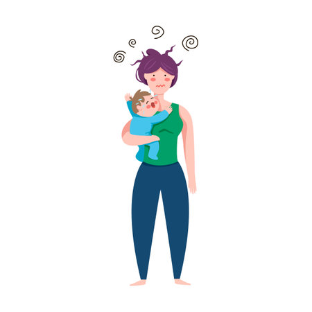 Mom and little baby experiencing stress. Vector illustration of woman with newborn child. Cartoon mother isolated on whiteのイラスト素材
