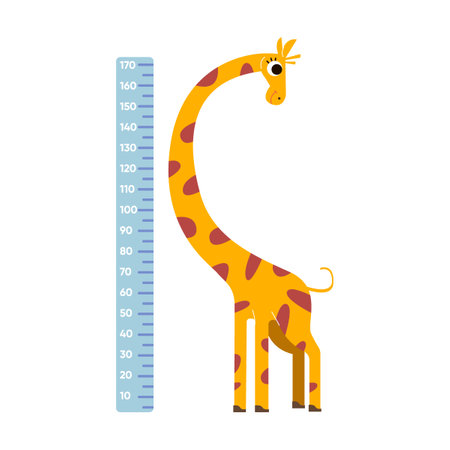 Height ruler with comic long neck giraffe, vector illustration. Wall sticker for measuring height of children with cute cartoon character isolated on whiteのイラスト素材