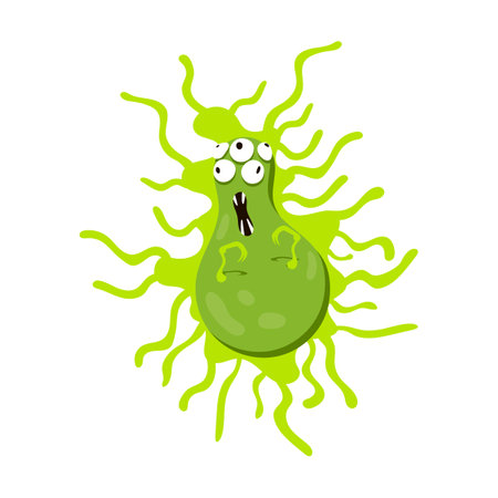 Funny bacteria with long tentacles and germ character. Vector illustration of ugly micro creature with scary face, eyes and teethのイラスト素材
