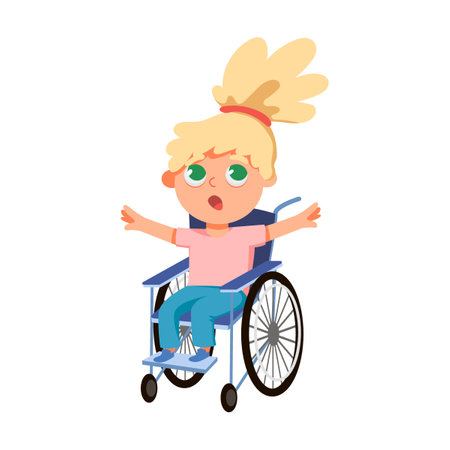 Girl in wheelchair. Kid with disabilities vector illustration. Cartoon child without legs isolated on white backgroundのイラスト素材