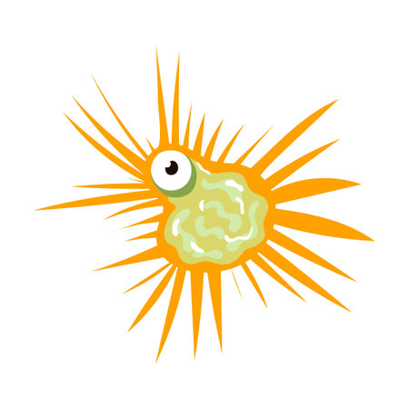 Funny bacteria and terrible one eyed germ character. Vector illustration of ugly micro creature with scary face, eyes and teethのイラスト素材
